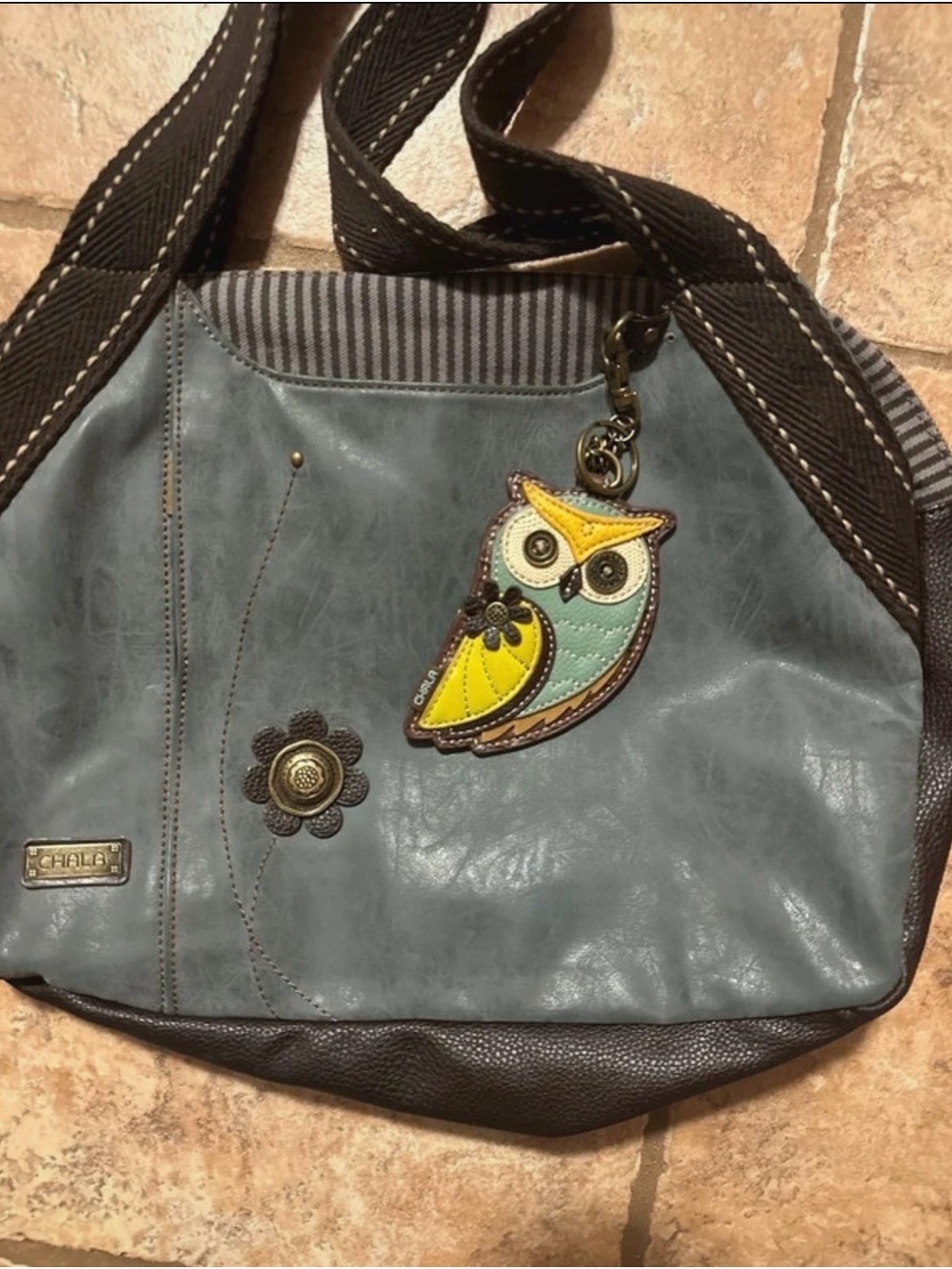 Chala Women's Shoulder Bag in Slate Blue with Brown Trim and Yellow Owl Charm